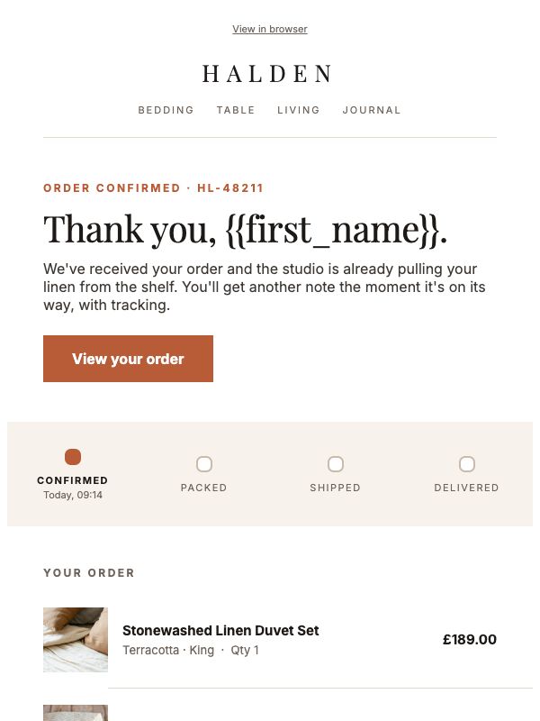 Halden — Order Confirmation email template preview